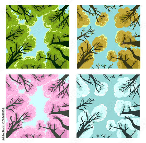 Quadro su tela Four Seasons Tree Canopy Vector Illustration Set with Summer Autumn Spring and W