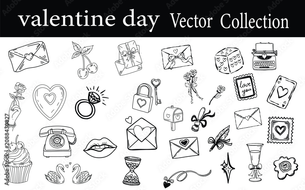 Obraz premium Retro vintage valentines day icons. Doodle sketch drawings in grunge charcoal style for wedding party celebration perfect for posters and invitation cards. Hand drawn chalk elements