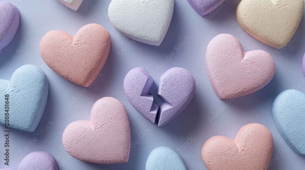 Obraz premium Pastel colorful heart shapes pattern with soft 3D design, romantic love background for Valentine's Day