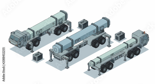 Εκτύπωση καμβά Three airport jet bridges on wheels with support equipment.