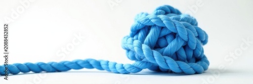 Blue wool rope ball, low angle view, white background, hobby, craft