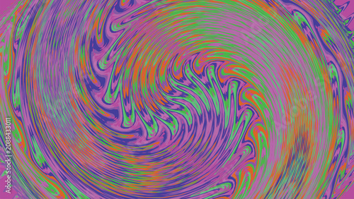 Konstfotografi Psychedelic swirling vortex pattern with vibrant mixture of purple orange and bright green liquid marble ripples creating wavy motion effect