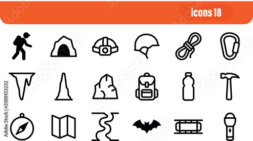 Vászonkép Cave and speleology adventure line icons set