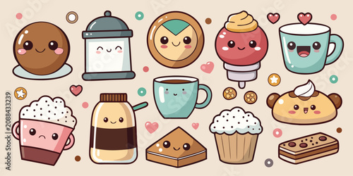 Cuadro en lienzo Set of cute hot drinks and bakery snack stickers for cafe decor