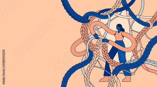 Woman Untangling Complex Ropes for Business Problem Solving and Management