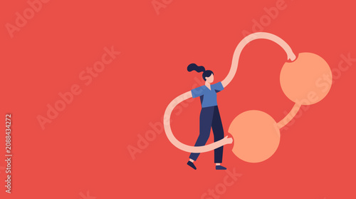 Minimalist illustration of woman connecting circular nodes with flexible arms on red background