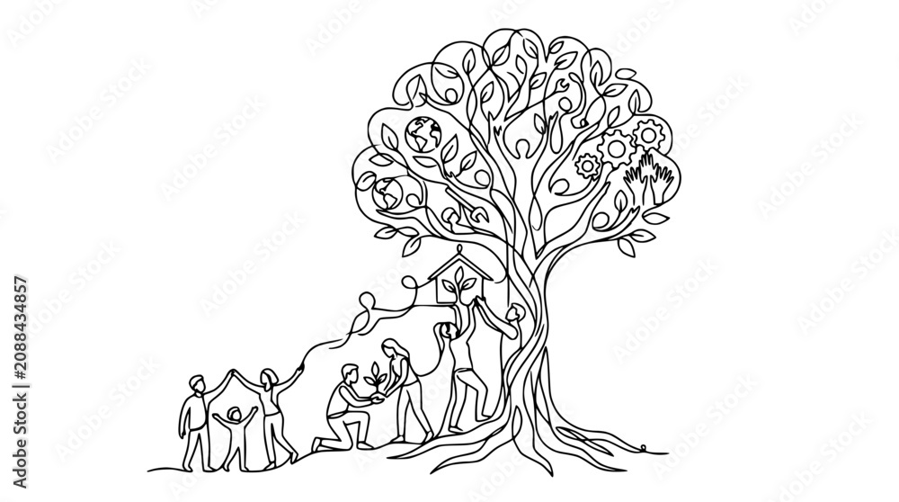 Fototapeta premium One Line Art Family Tree Growth Concept with People, Home, and Global Elements