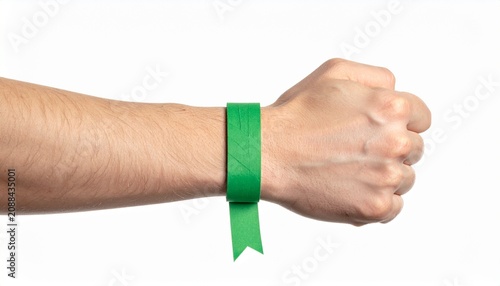 Hand with green paper bracelet on a white background. Wristband for admission to a concert or entertainment center