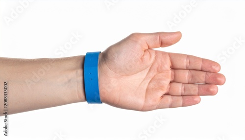Hand with blue paper bracelet on a white background. Wristband for admission to a concert or entertainment center