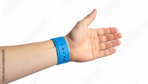 Hand with blue paper bracelet on a white background. Wristband for admission to a concert or entertainment center
