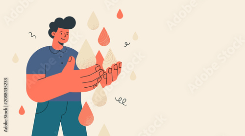 Flat illustration of a man catching precious resource drops, symbolizing conservation and sustainability.
