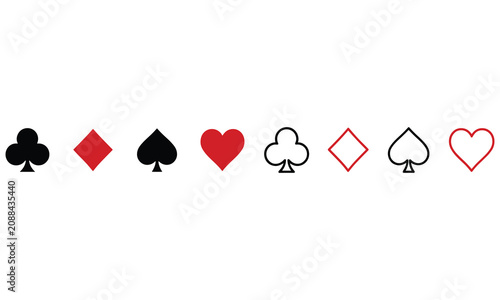 Set of eight playing card suit symbols including clubs, diamonds, spades, and hearts in solid black, solid red, and outlined styles