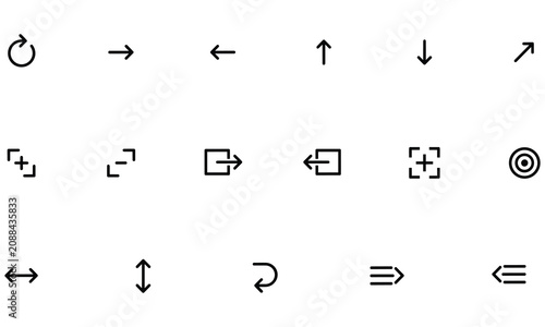 Set of eighteen black line representing various navigation arrows, cursors, and interface symbols, isolated on a white background