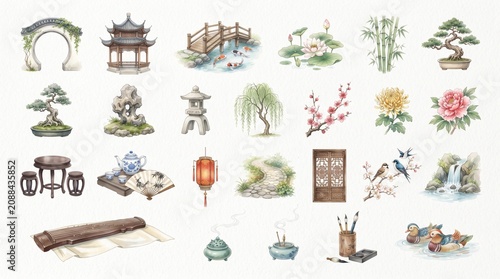 Illustrative collection of traditional East Asian cultural elements, featuring classic garden architecture, natural flora, and timeless cultural objects in a delicate watercolor style