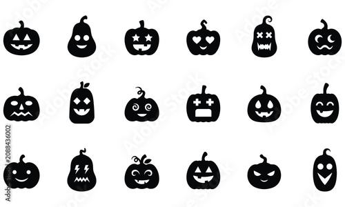 Set of eighteen black pumpkin silhouettes with various facial expressions for halloween on a white background, in a grid layout