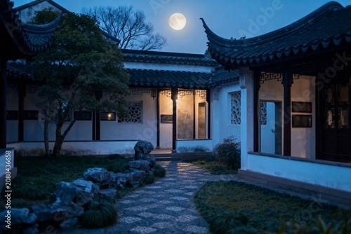 Traditional Chinese courtyard at night with full moon and illuminated entrance