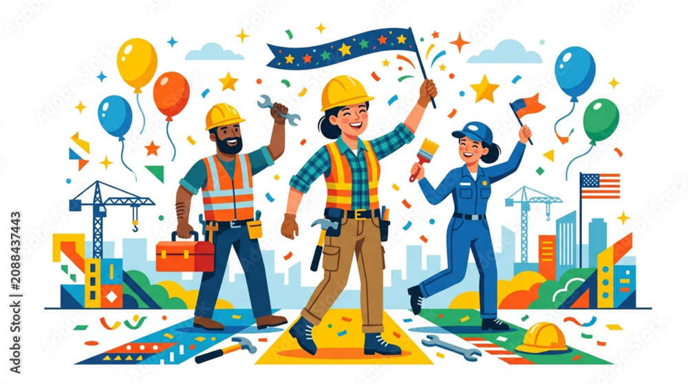 Fototapeta premium Diverse construction workers celebrating with flags and balloons against a vibrant city skyline, conveying a strong sense of community and achievement in their profession