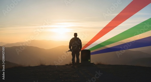 Silhouette of Soldier with Indian Tricolor Light Rays at Sunrise Patriotic Concept