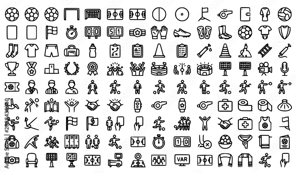 Obraz premium Football Outline Icon Set Vector with Soccer Match Stadium Training Equipment and Championship Editable Stroke Symbols