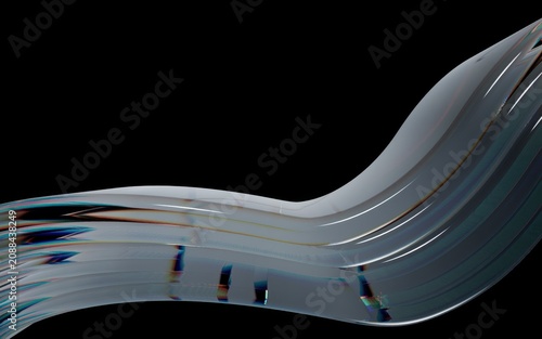 Abstract 3d render of a flowing, iridescent liquid ribbon or wave shape with chromatic aberration effects against a solid black background