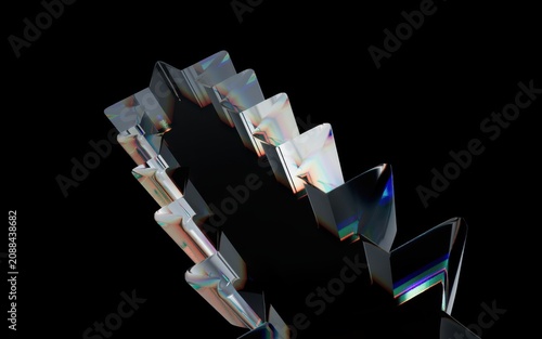 Abstract 3d render of metallic zigzag shapes with iridescent light reflections