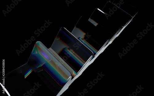 Abstract 3d render of layered glossy dark plates with iridescent light refraction