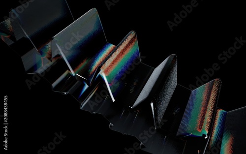 Abstract digital art featuring a series of sharp, angular, metalliclooking structures with vibrant prismatic light reflections against a black background
