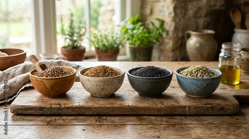 Four small bowls containing various seeds and spices on a rustic wooden board. Culinary preparation and ingredient.