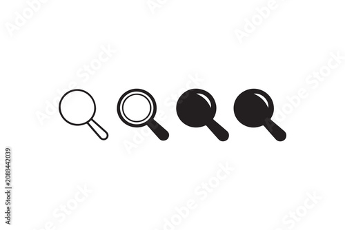 Magnifying glass search icon set with different line and solid black fill style variations.