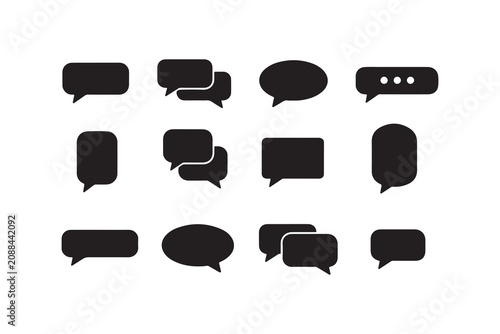 Black speech bubble icon collection for chat and communication in various modern shapes.