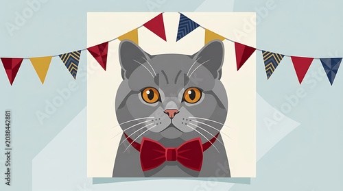 Gray british shorthair cat with red bow tie and festive garland, shorthair