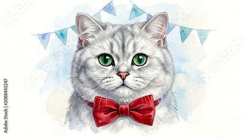 Watercolor painting of a cute grey kitten wearing a red bow tie and blue bunting
