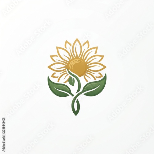Elegant stylized sunflower logo design with golden petals and green leaves on white background