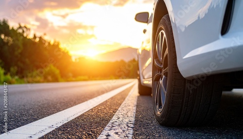 Close up view of a car tire on an asphalt road at sunrise with a beautiful golden sky background representing freedom and travel adventures.