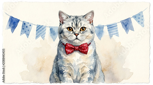 Soft watercolor illustration of a cute grey cat wearing a festive red bow tie