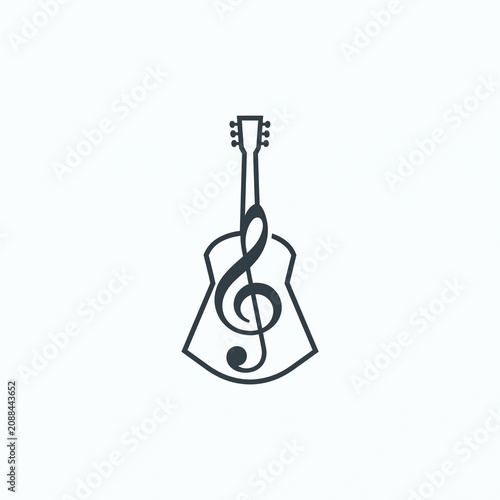 Minimalist Guitar Shape Merged with a Treble Clef Symbol for Music School Branding and Creative Acoustic Instrument Design Concept