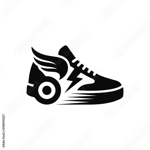 Minimalist black and white sneaker icon featuring a wing and lightning bolt representing speed energy and fast athletic performance for sports branding
