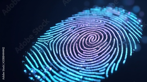 Digital fingerprint with blue and purple neon glow