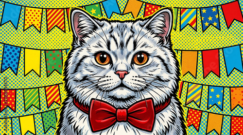 Pop art style illustration of a cat wearing a red bow tie with colorful bunting
