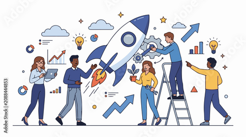 Teamwork fuels a rocket launch with charts ideas and growth