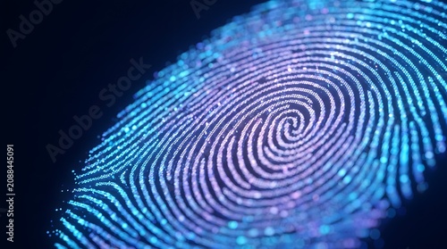 Digital fingerprint made of glowing blue and purple particles