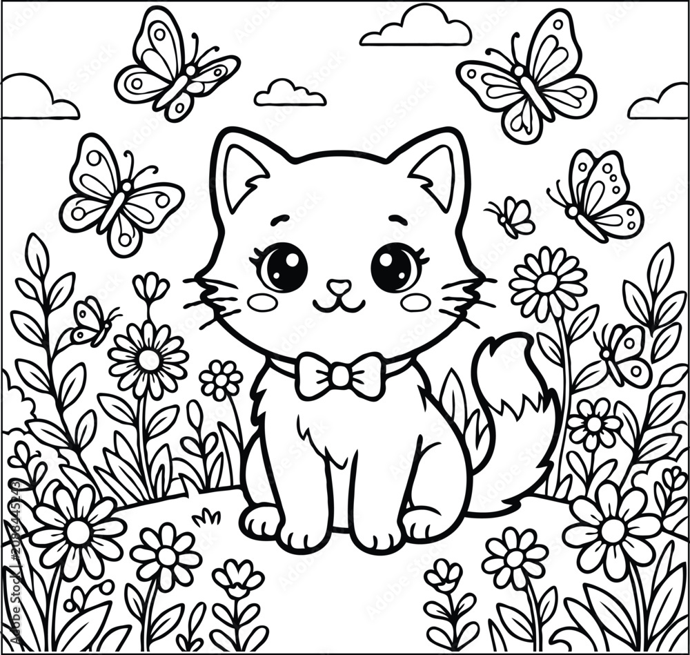 Fototapeta premium Cute kitten with flowers and butterflies coloring page