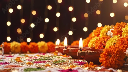 Traditional Diwali Diyas with Marigold Flowers | Festive Indian Festival Lights