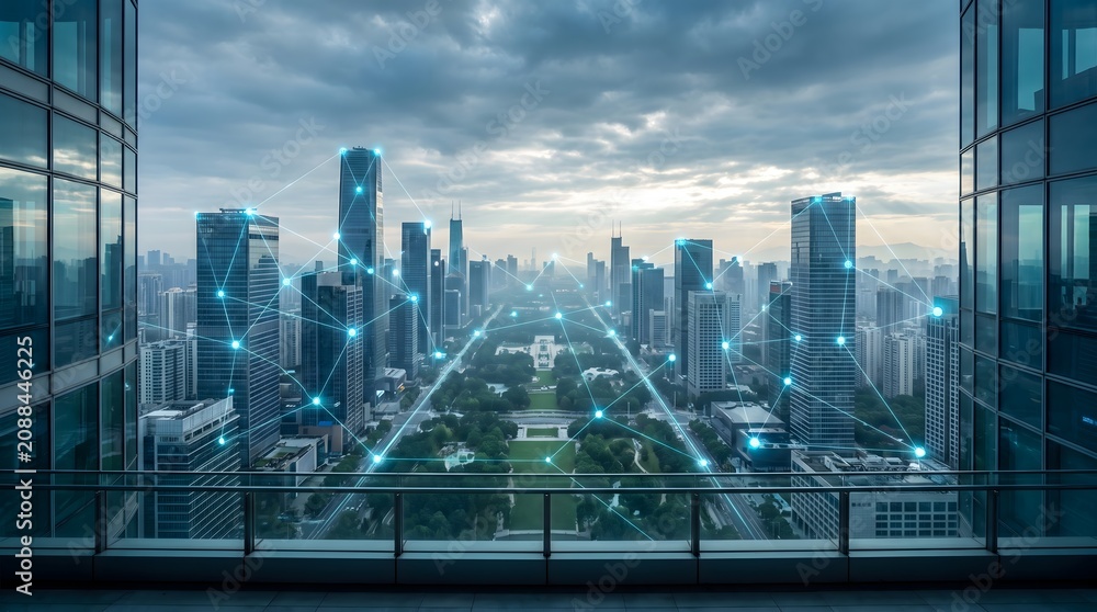 Obraz premium Futuristic city network overlay with glowing blue nodes