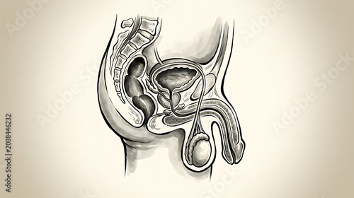 Detailed medical illustration of human male reproductive system including bladder prostate testicles seminal vesicles