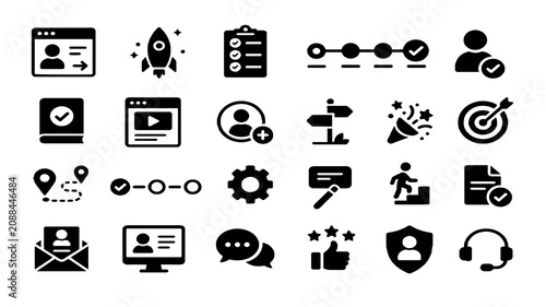 Business and Digital Marketing Solid Icons Set – Analytics, Communication, Productivity and Technology Vector Collection