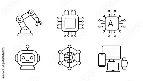Artificial Intelligence and Robotics Line Icons Set – AI Chip, Robot, Automation, Machine Learning and Technology Outline Vector