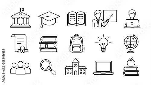 Education and Online Learning Line Icons Set – School, University, Books, Graduation and Study Outline Vector Collection