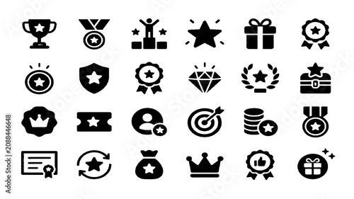 Awards, Achievement and Success Solid Icons Set – Trophy, Medal, Badge, Crown, Certificate and Recognition Vector Collection