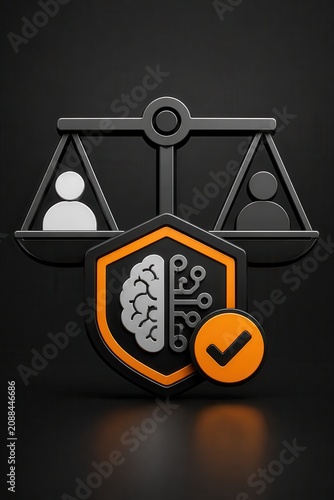 Artificial intelligence ethics concept with balance scale shield and checkmark 3D render